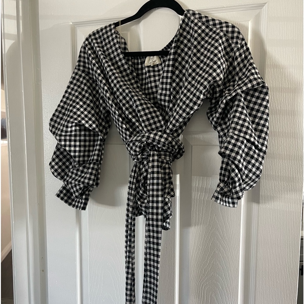 Wrap style gingham blouse